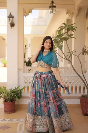 Blue Silk Free Size Stitched Lehenga Choli with Foil Embroidery & Printed Work