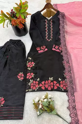 Black roman glass silk farshi suit with sequins & rivet moti
