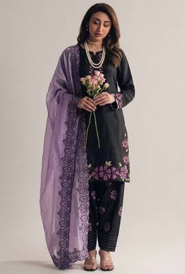 Black roman glass silk farshi suit with sequins & rivet moti 1