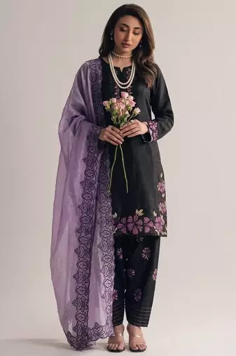 Black roman glass silk farshi suit with sequins & rivet moti