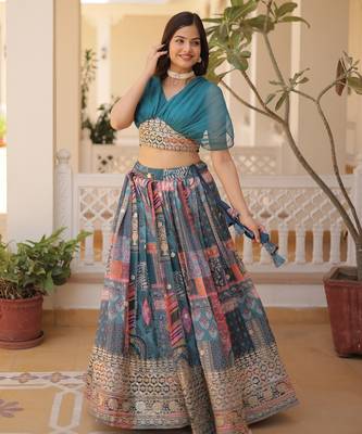 Blue Silk Free Size Stitched Lehenga Choli with Foil Embroidery & Printed Work 3