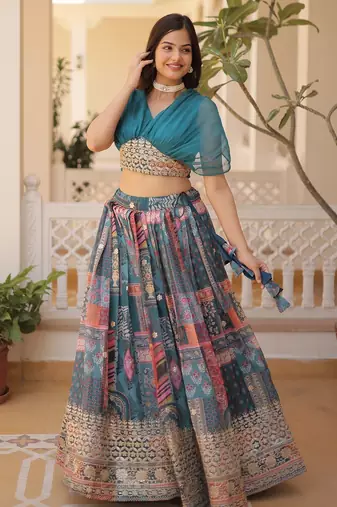 Blue Silk Free Size Stitched Lehenga Choli with Foil Embroidery & Printed Work