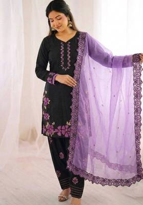Black roman glass silk farshi suit with sequins & rivet moti 2