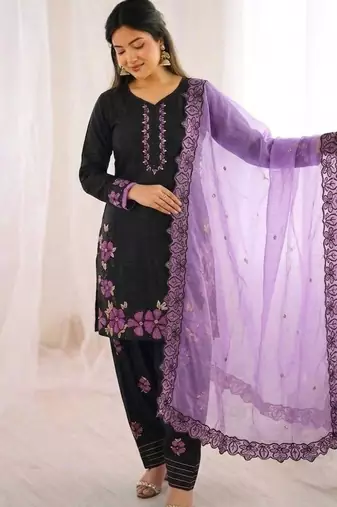 Black roman glass silk farshi suit with sequins & rivet moti