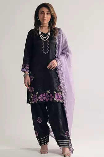 Black roman glass silk farshi suit with sequins & rivet moti
