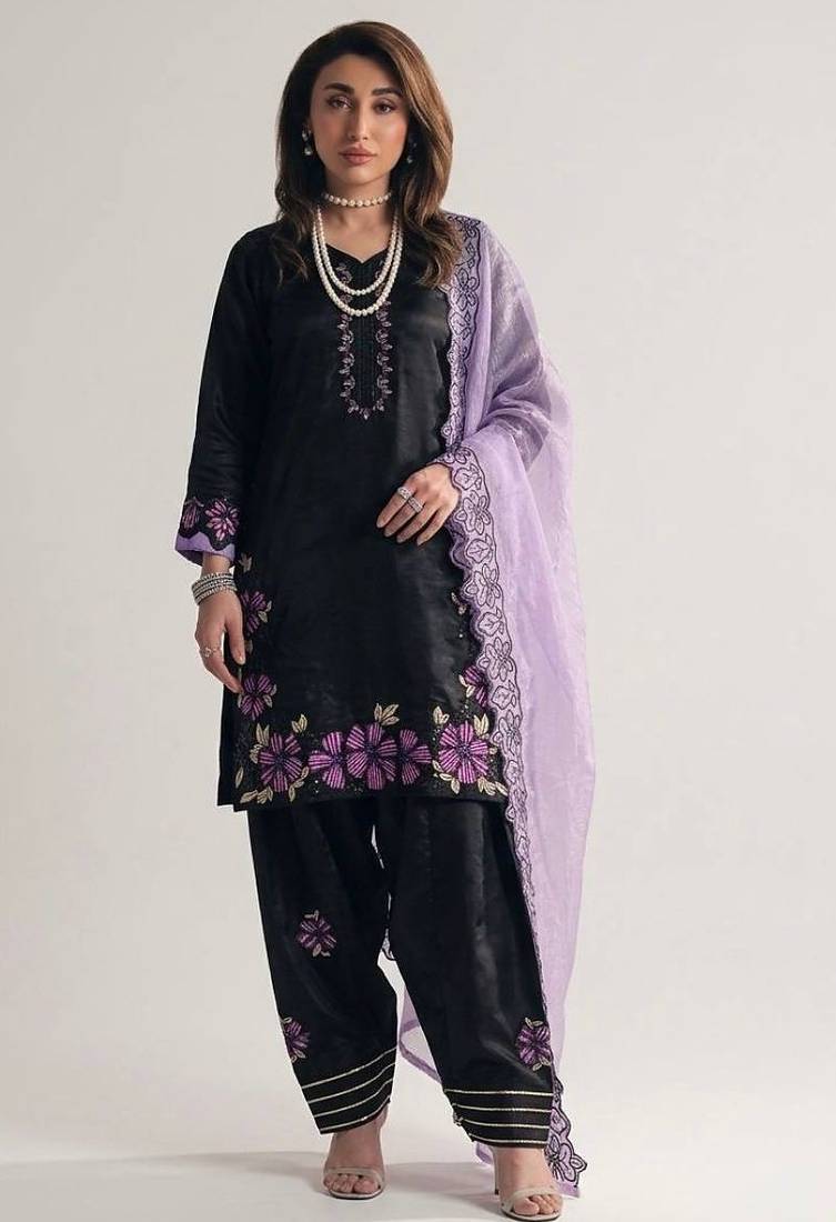 Black roman glass silk farshi suit with sequins & rivet moti