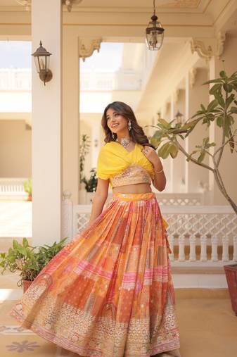 Orange Silk Readymade Stitched Lehenga Choli with Foil Embroidery & Printed Work