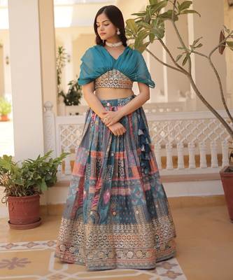 Blue Silk Free Size Stitched Lehenga Choli with Foil Embroidery & Printed Work 4