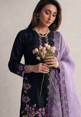 Black roman glass silk farshi suit with sequins & rivet moti 4