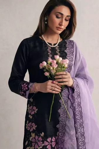 Black roman glass silk farshi suit with sequins & rivet moti