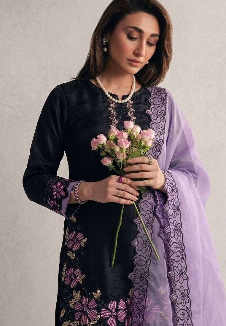 Black roman glass silk farshi suit with sequins & rivet moti