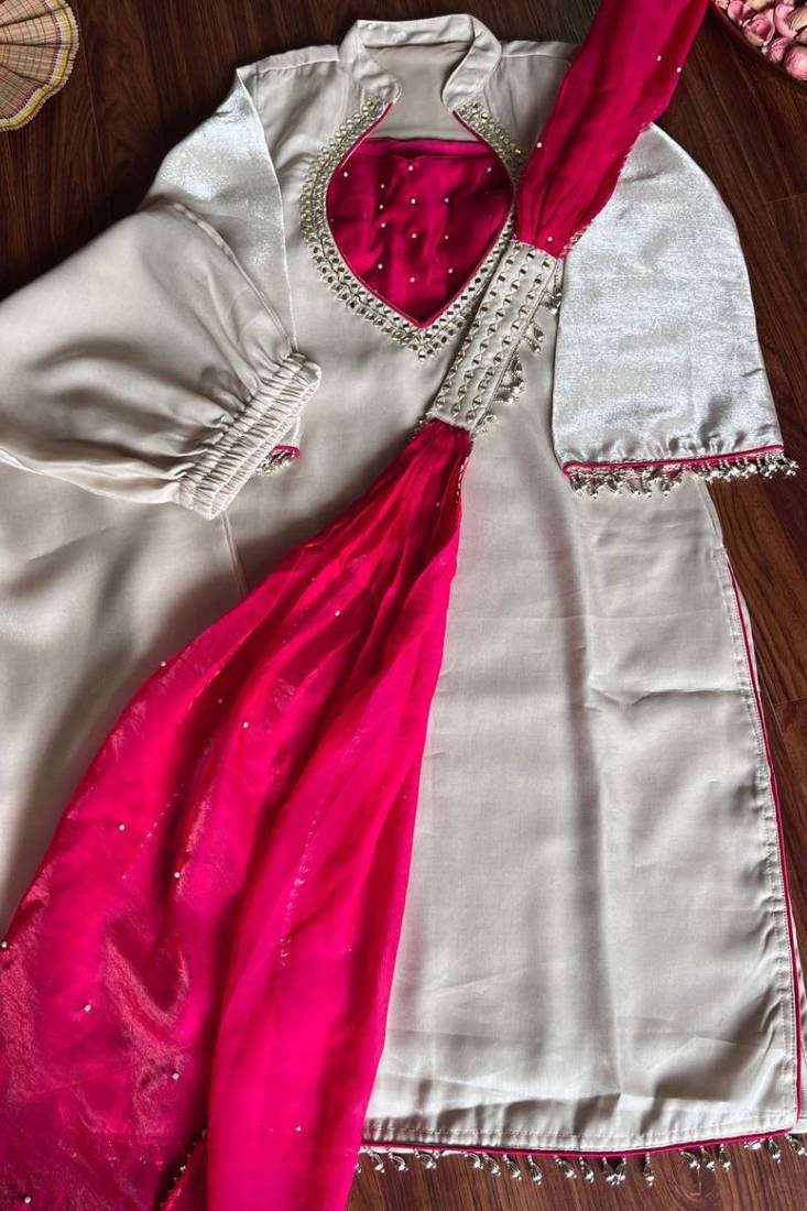 Roman glass silk palazzo set with heavy mirror & pearl work