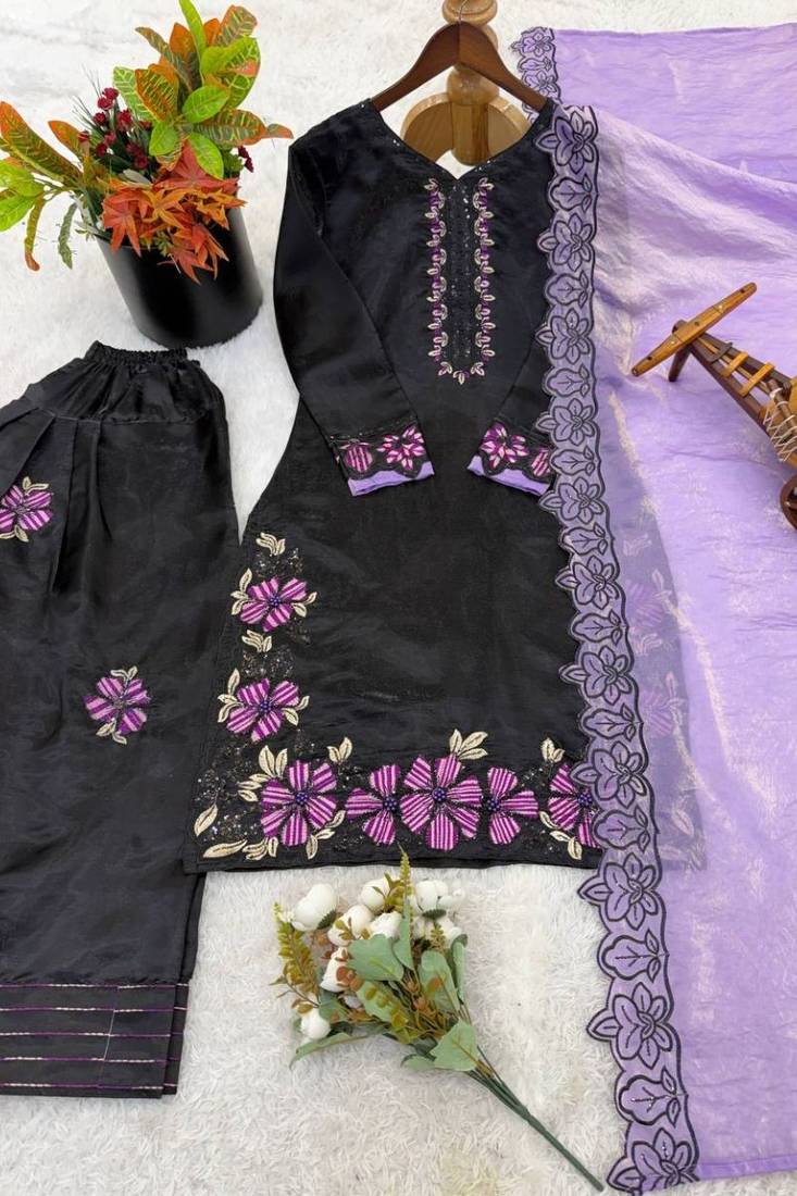 Black roman glass silk farshi suit with sequins & rivet moti