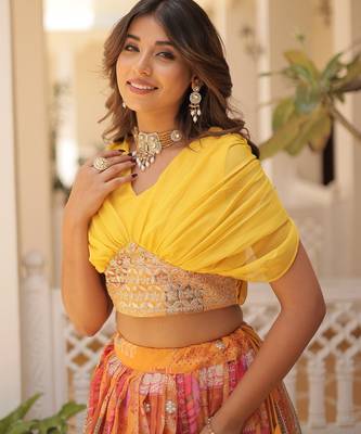 Orange silk blend Free Size Stitched Lehenga Choli with Foil Embroidery & Printed Work 2