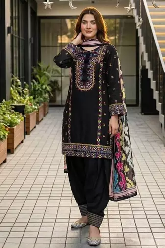 Black heavy natural silk palazzo set with embroidery & digital dupatta