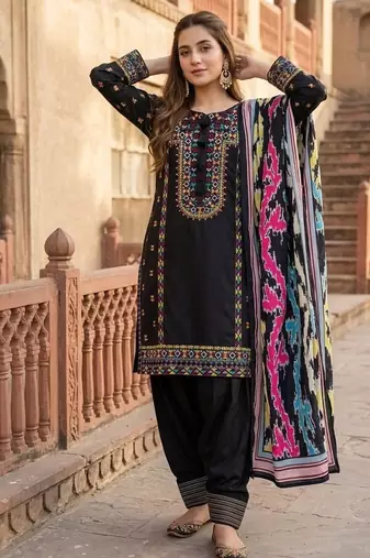 Black heavy natural silk palazzo set with embroidery & digital dupatta