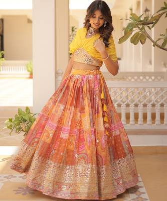 Orange silk blend Free Size Stitched Lehenga Choli with Foil Embroidery & Printed Work 3
