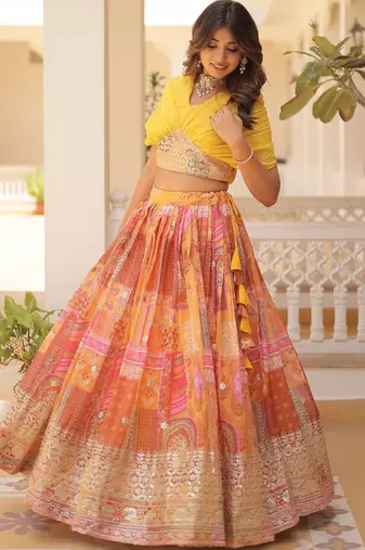 Orange silk blend Free Size Stitched Lehenga Choli with Foil Embroidery & Printed Work