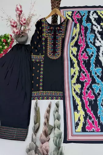 Black heavy natural silk palazzo set with embroidery & digital dupatta