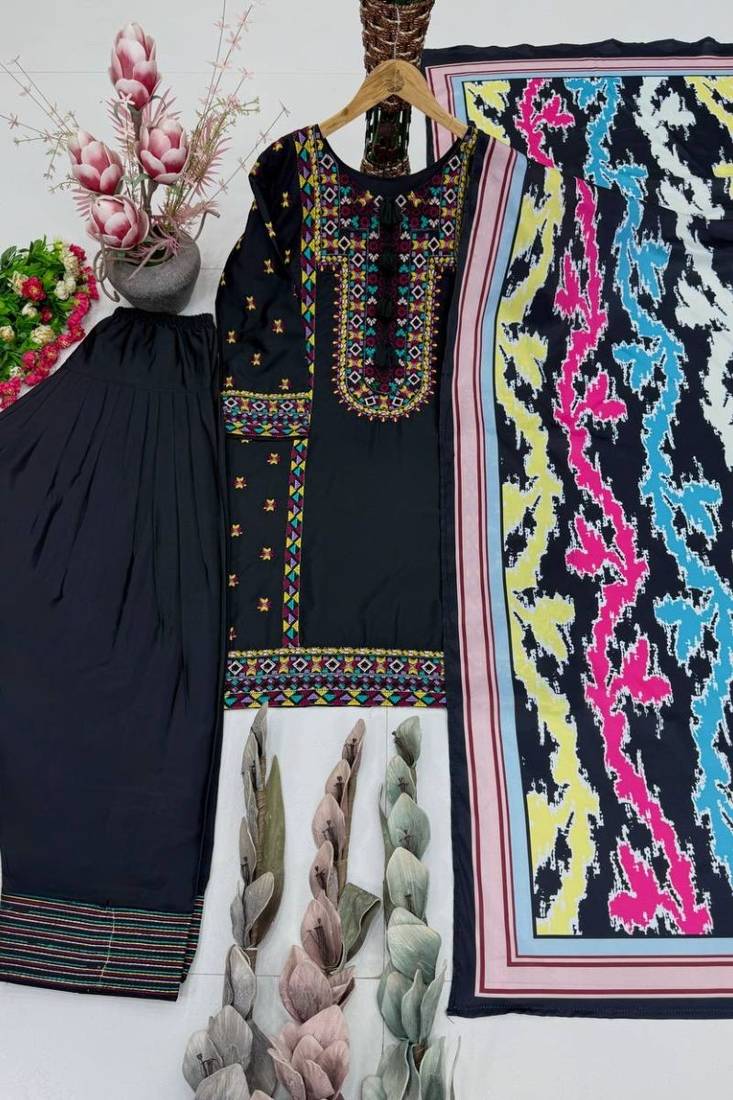 Black heavy natural silk palazzo set with embroidery & digital dupatta