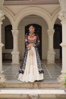 Black Cotton Free Size Stitched Navratri Lehenga Choli with Bandhani & Kutchi Patch Work 1