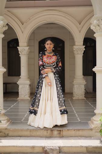 White Cotton Readymade Stitched Navratri Lehenga Choli with Bandhani & Kutchi Patch Work