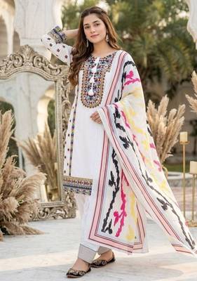 White heavy natural silk palazzo set with embroidery & digital dupatta 1