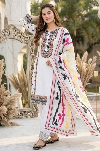 White heavy natural silk palazzo set with embroidery & digital dupatta