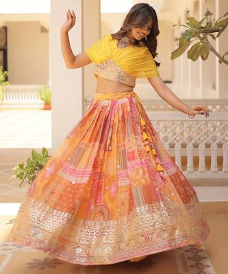 Orange silk blend Free Size Stitched Lehenga Choli with Foil Embroidery & Printed Work 4