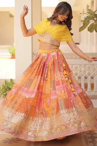 Orange silk blend Free Size Stitched Lehenga Choli with Foil Embroidery & Printed Work