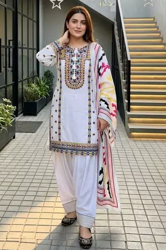 White heavy natural silk palazzo set with embroidery & digital dupatta