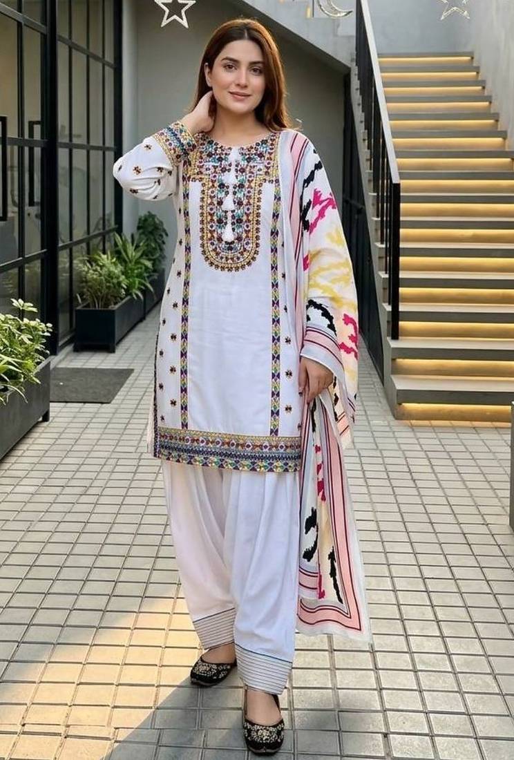 White heavy natural silk palazzo set with embroidery & digital dupatta