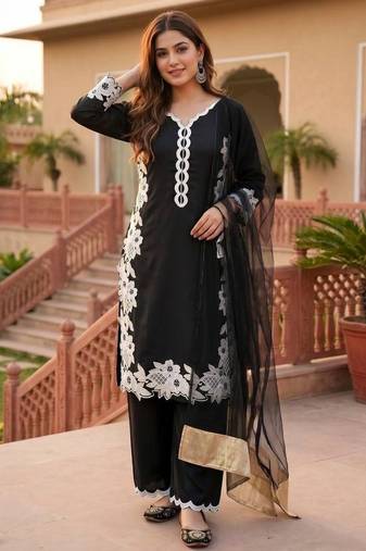 Black heavy natural silk palazzo set with pearl moti hand work
