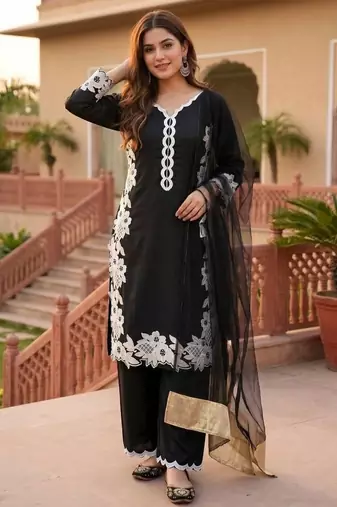 Black heavy natural silk palazzo set with pearl moti hand work