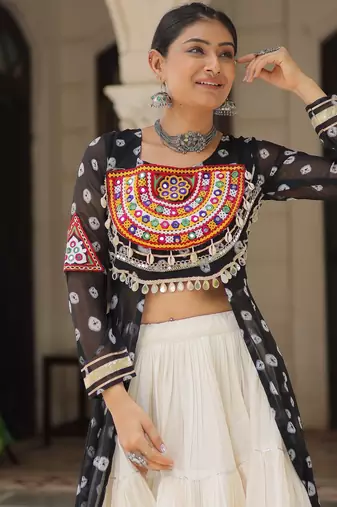 Black Cotton Free Size Stitched Navratri Lehenga Choli with Bandhani & Kutchi Patch Work