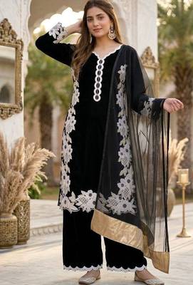 Black heavy natural silk palazzo set with pearl moti hand work 2