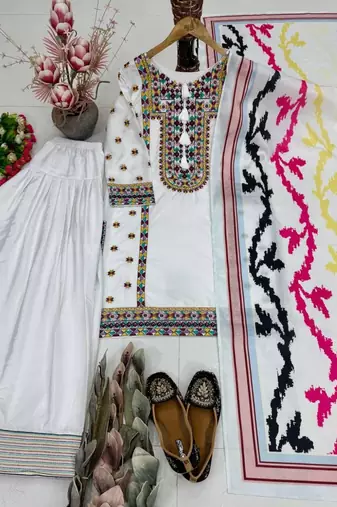 White heavy natural silk palazzo set with embroidery & digital dupatta