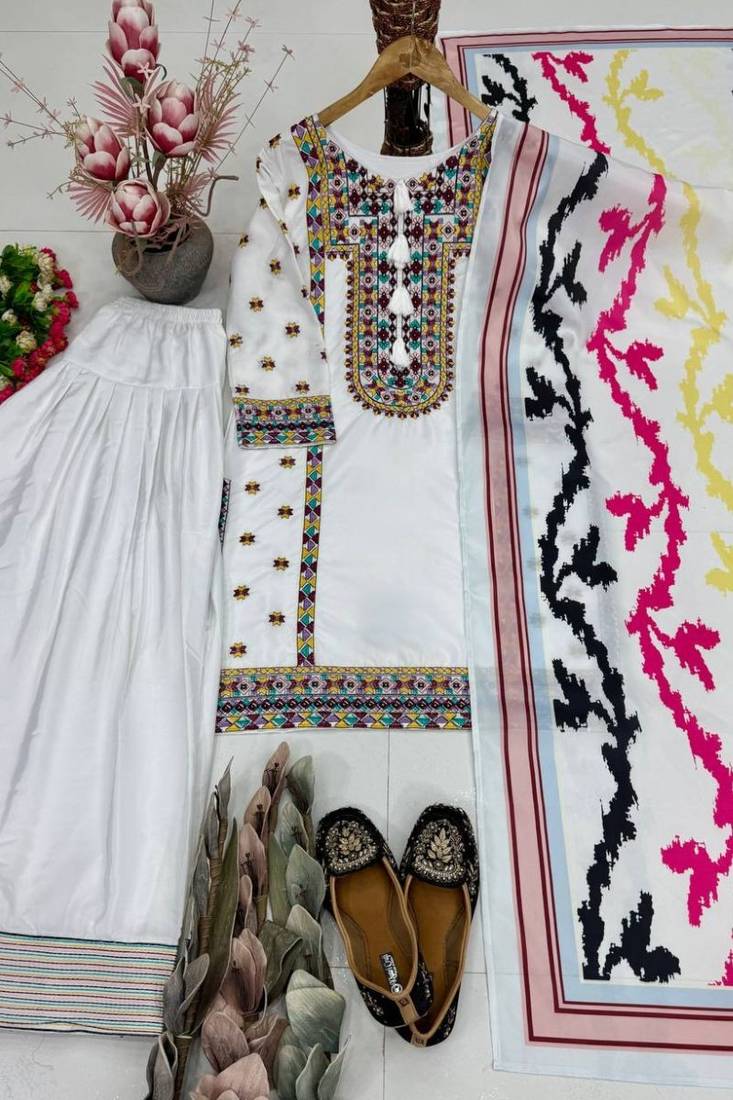 White heavy natural silk palazzo set with embroidery & digital dupatta