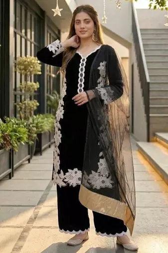 Black heavy natural silk palazzo set with pearl moti hand work