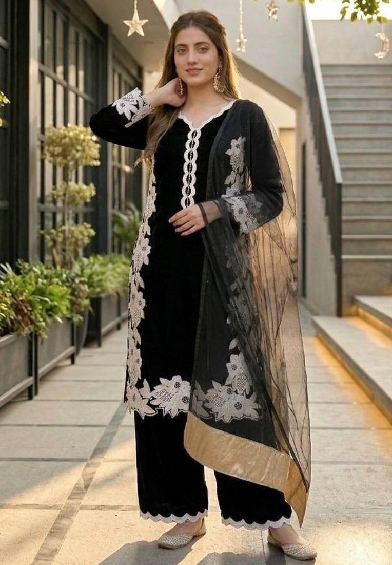 Black heavy natural silk palazzo set with pearl moti hand work