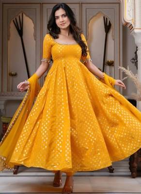 Yellow chanderi jacquard anarkali suit with mirror work 1