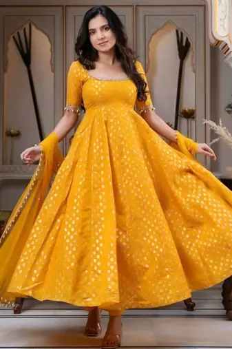 Yellow chanderi jacquard anarkali suit with mirror work