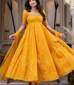 Yellow chanderi jacquard anarkali suit with mirror work