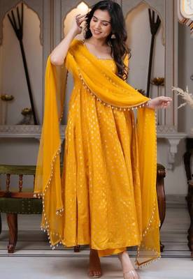 Yellow chanderi jacquard anarkali suit with mirror work 2