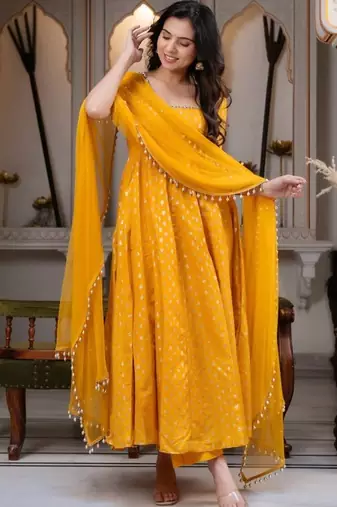 Yellow chanderi jacquard anarkali suit with mirror work