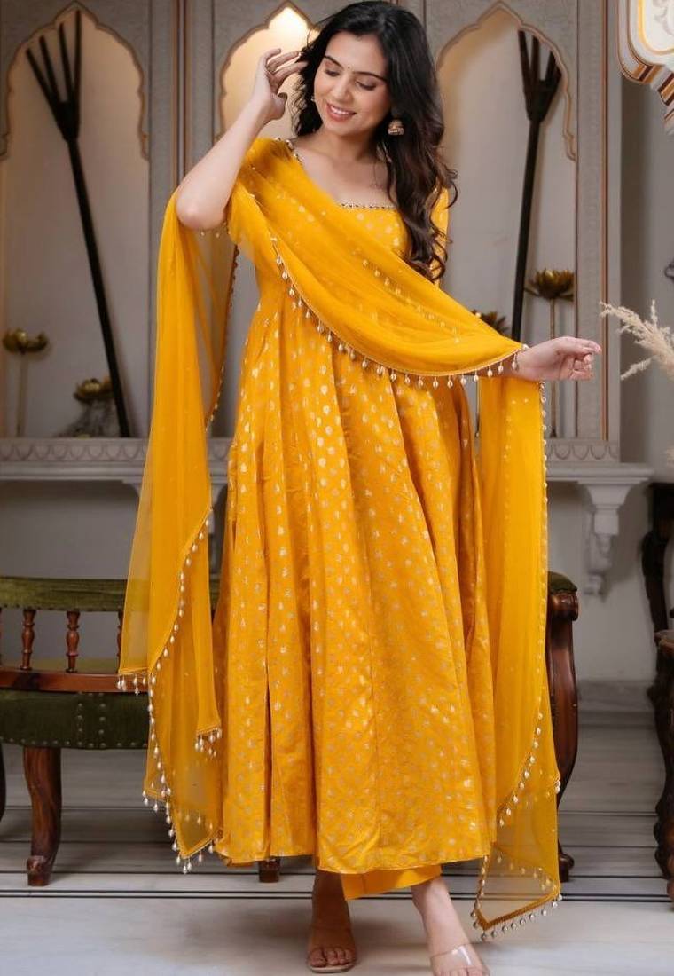 Yellow chanderi jacquard anarkali suit with mirror work