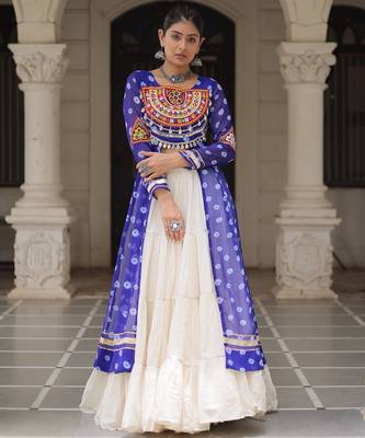 Blue Cotton Free Size Stitched Navratri Lehenga Choli with Bandhani & Kutchi Patch Work 1