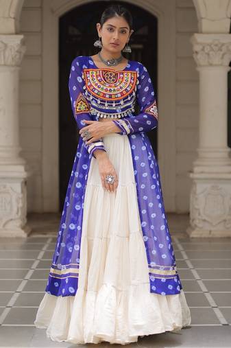 Blue Cotton Stitched Navratri Lehenga Choli with Bandhani & Kutchi Patch Work