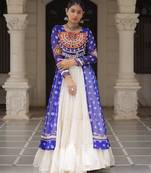 Blue Cotton Free Size Stitched Navratri Lehenga Choli with Bandhani & Kutchi Patch Work
