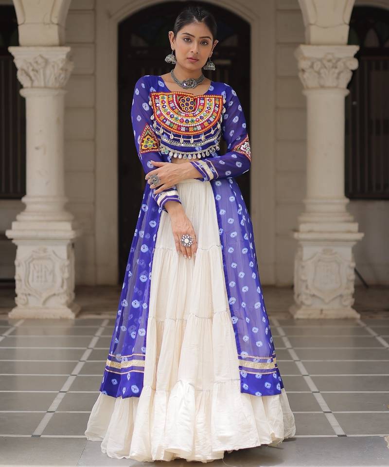Blue Cotton Free Size Stitched Navratri Lehenga Choli with Bandhani & Kutchi Patch Work